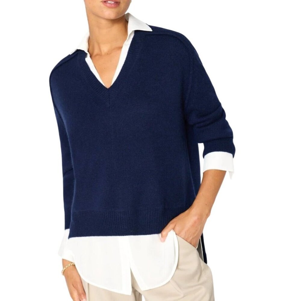 Brochu Walker The Looker Layered V-Neck Sweater. Size XS, Navy/White